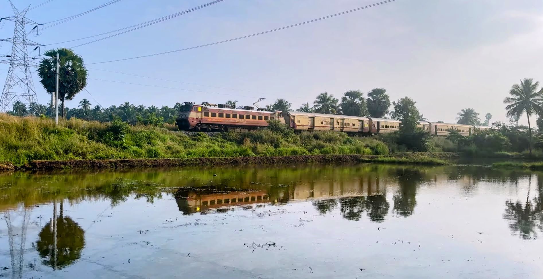 Passenger Train Racing Past Kollengode Paddy Fields, Palakkad, Kerala, India